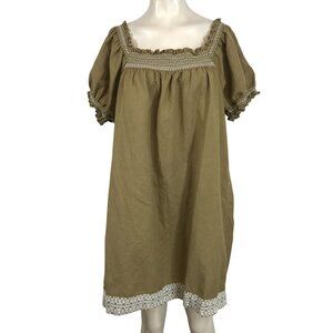 AMOUR VERT- WOMEN'S XL - OLIVE SHORT SLEEVE BOAT NECK LINEN BLEND BOHO DRESS